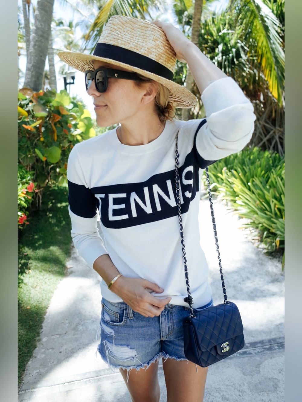 Tory Sport Performance Intarsia Cashmere TENNIS Sweater in White/Navy, Size XS